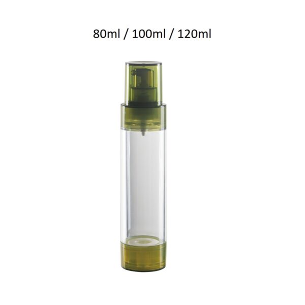 Envase airless AR100 con cuerpo transparente y dosificador dorado, capacidades 80ml a 120ml