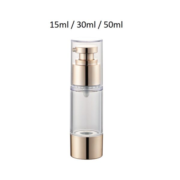 Envase airless ARD5 con cuerpo transparente y acabados en diferentes colores para cosmética.