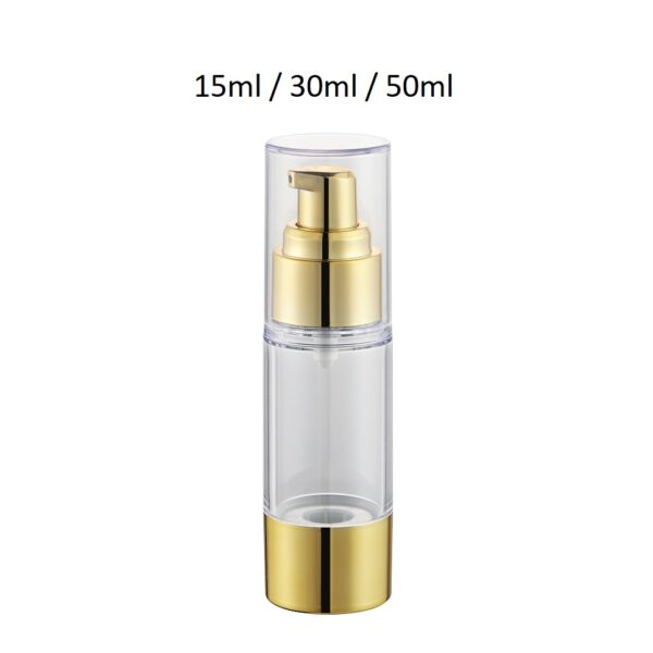 Envase airless ARD6 con cuerpo transparente y dosificador disponible en acabados metalizados