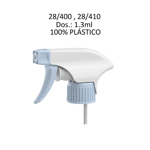 Pulverizador trigger 100% plástico para botellas con rosca 28/400 y 28/410 dosificación 1,3 ml
