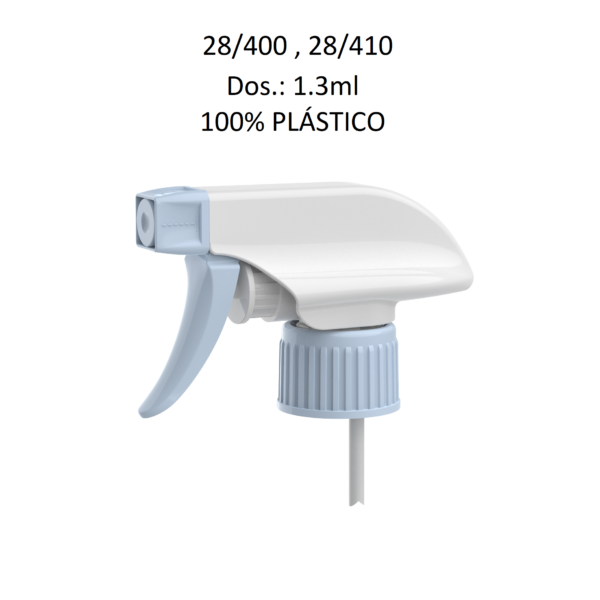 Pulverizador trigger 100% plástico para botella con rosca 28/400 y 28/410 dosificación 1,3 ml