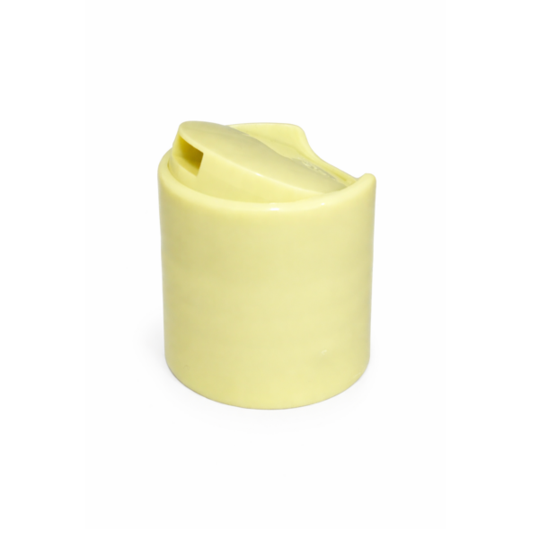 Tapón disc-top de color amarillo pálido y material PP, con rosca 28/410 y referencia FT121DZ, ideal para envases Falemi.