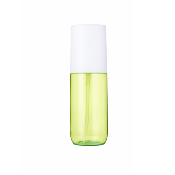 Botella de plástico PET transparente de 90ml con cierre de polipropileno blanco.